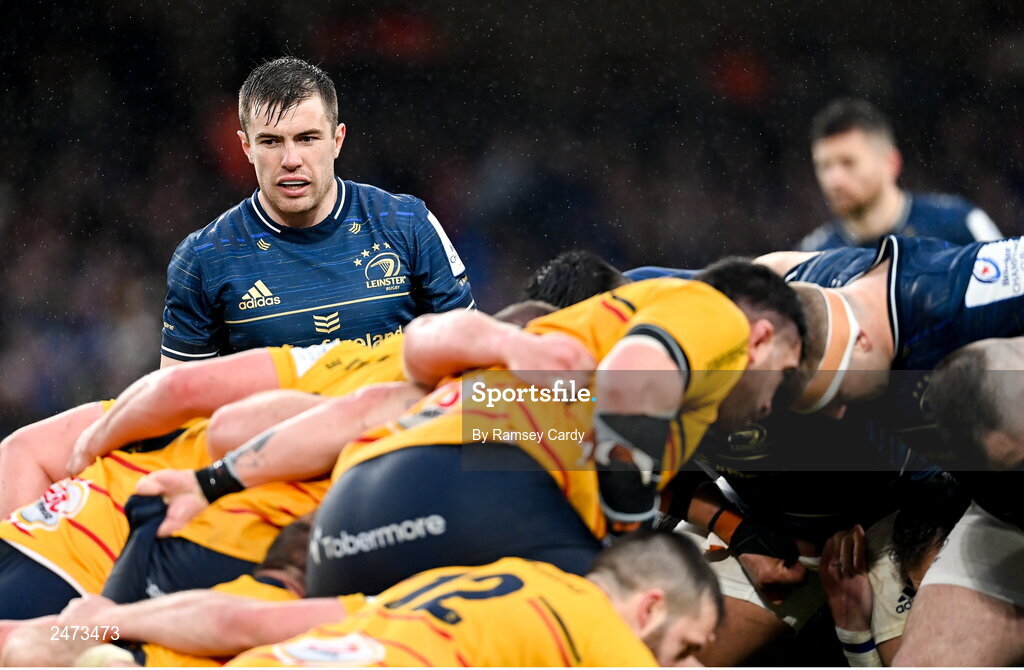 1 April 2023; Luke McGrath of Leinster during the Heineken Champions Cup Round of 16 match between Leinster and Ulster at Aviva Stadium in Dublin. Photo by Ramsey Cardy/Sportsfile