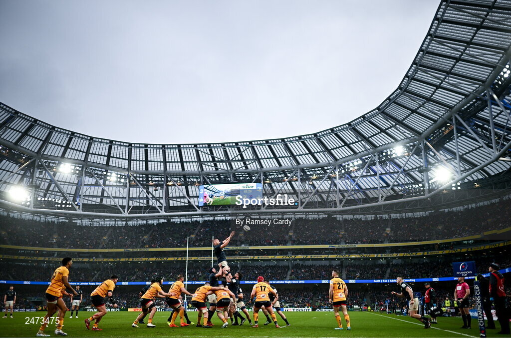 1 April 2023; Ross Molony of Leinster wins possession in the lineout during the Heineken Champions Cup Round of 16 match between Leinster and Ulster at Aviva Stadium in Dublin. Photo by Ramsey Cardy/Sportsfile