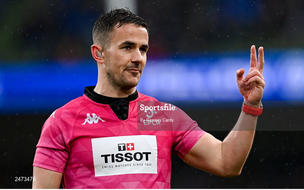 1 April 2023; Referee Luke Pearce during the Heineken Champions Cup Round of 16 match between Leinster and Ulster at Aviva Stadium in Dublin. Photo by Ramsey Cardy/Sportsfile