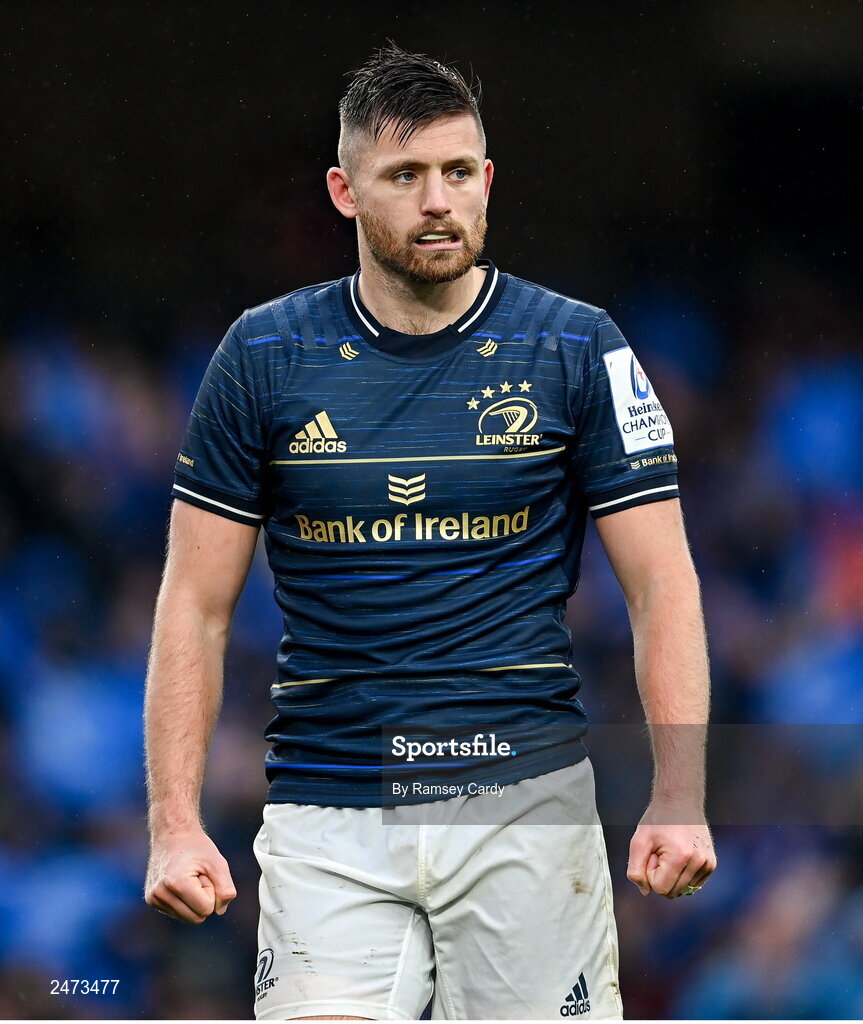1 April 2023; Ross Byrne of Leinster during the Heineken Champions Cup Round of 16 match between Leinster and Ulster at Aviva Stadium in Dublin. Photo by Ramsey Cardy/Sportsfile