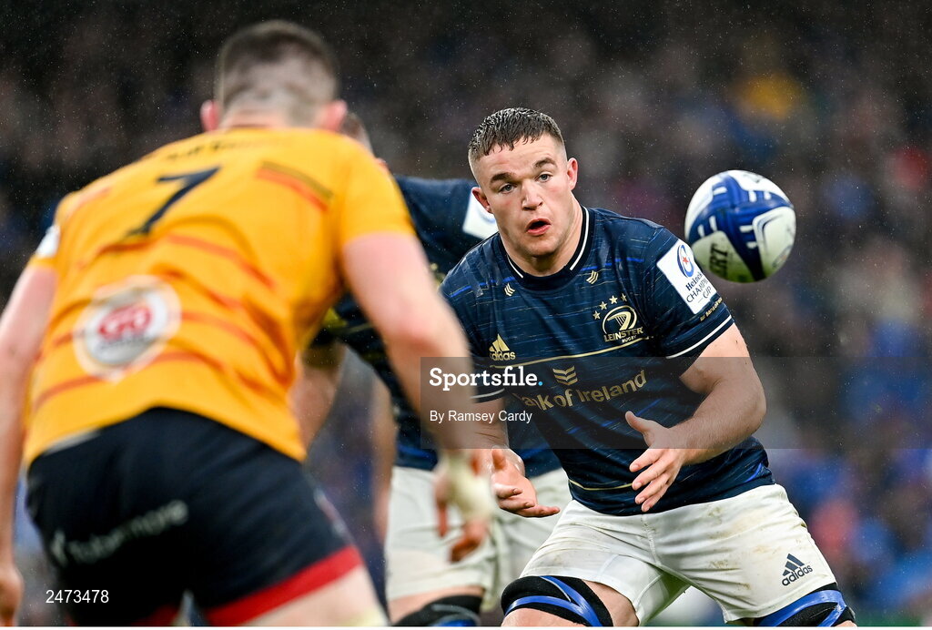 1 April 2023; Scott Penny of Leinster during the Heineken Champions Cup Round of 16 match between Leinster and Ulster at Aviva Stadium in Dublin. Photo by Ramsey Cardy/Sportsfile