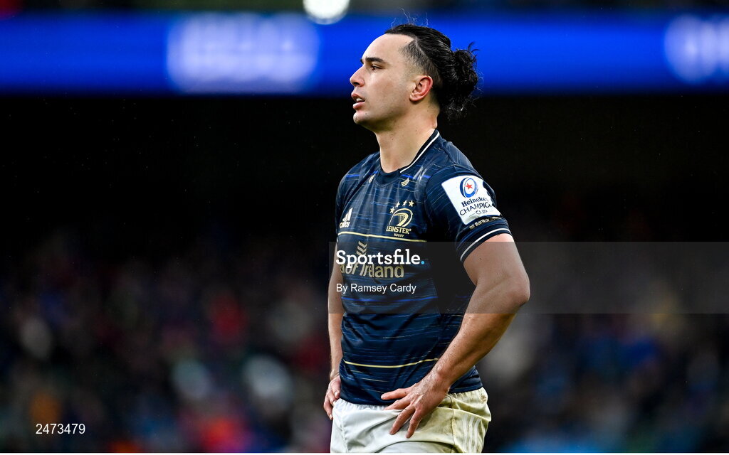1 April 2023; James Lowe of Leinster during the Heineken Champions Cup Round of 16 match between Leinster and Ulster at Aviva Stadium in Dublin. Photo by Ramsey Cardy/Sportsfile