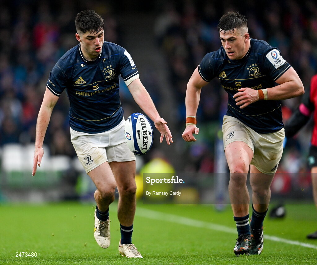 1 April 2023; Jimmy O'Brien, left, and Dan Sheehan of Leinster during the Heineken Champions Cup Round of 16 match between Leinster and Ulster at Aviva Stadium in Dublin. Photo by Ramsey Cardy/Sportsfile
