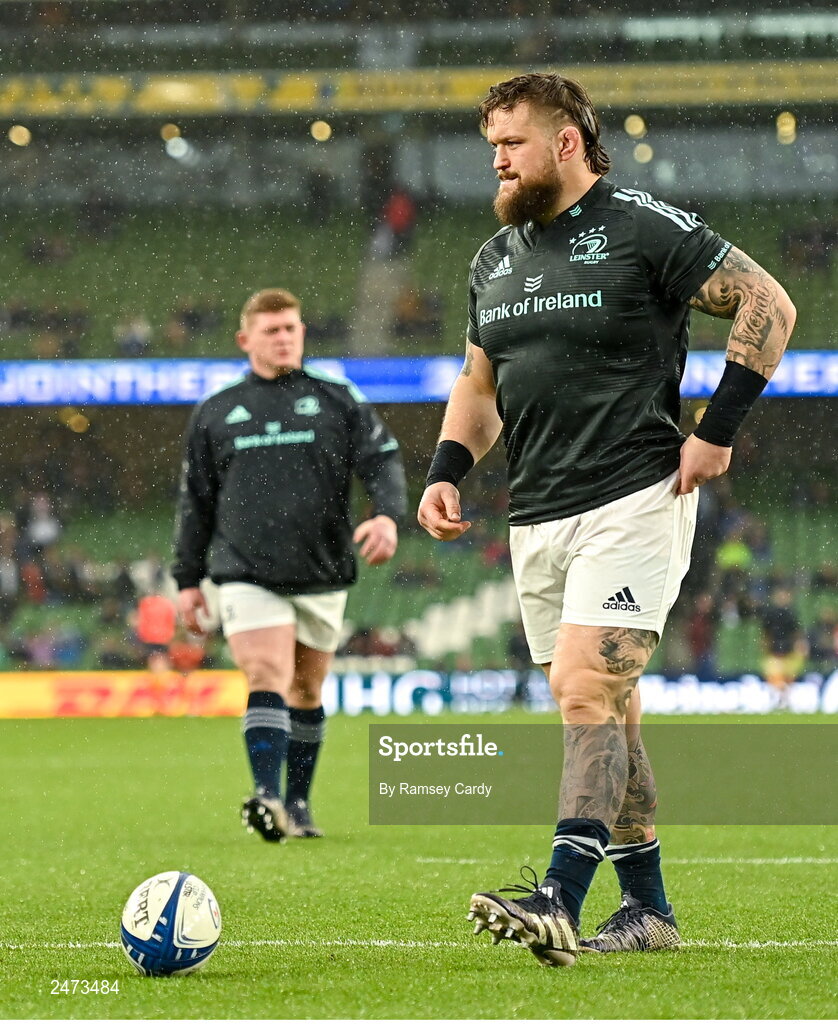 1 April 2023; Andrew Porter, right, and Tadhg Furlong of Leinster before the Heineken Champions Cup Round of 16 match between Leinster and Ulster at Aviva Stadium in Dublin. Photo by Ramsey Cardy/Sportsfile