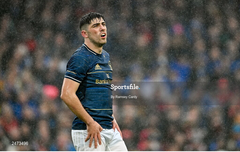 1 April 2023; Jimmy O'Brien of Leinster during the Heineken Champions Cup Round of 16 match between Leinster and Ulster at Aviva Stadium in Dublin. Photo by Ramsey Cardy/Sportsfile