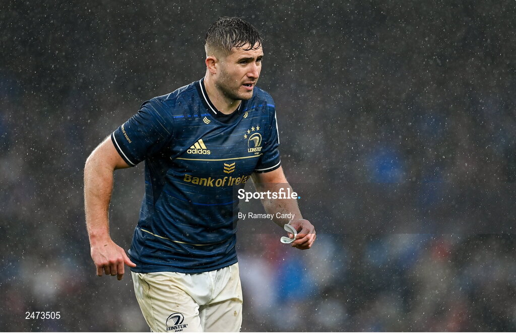 1 April 2023; Jordan Larmour of Leinster during the Heineken Champions Cup Round of 16 match between Leinster and Ulster at Aviva Stadium in Dublin. Photo by Ramsey Cardy/Sportsfile