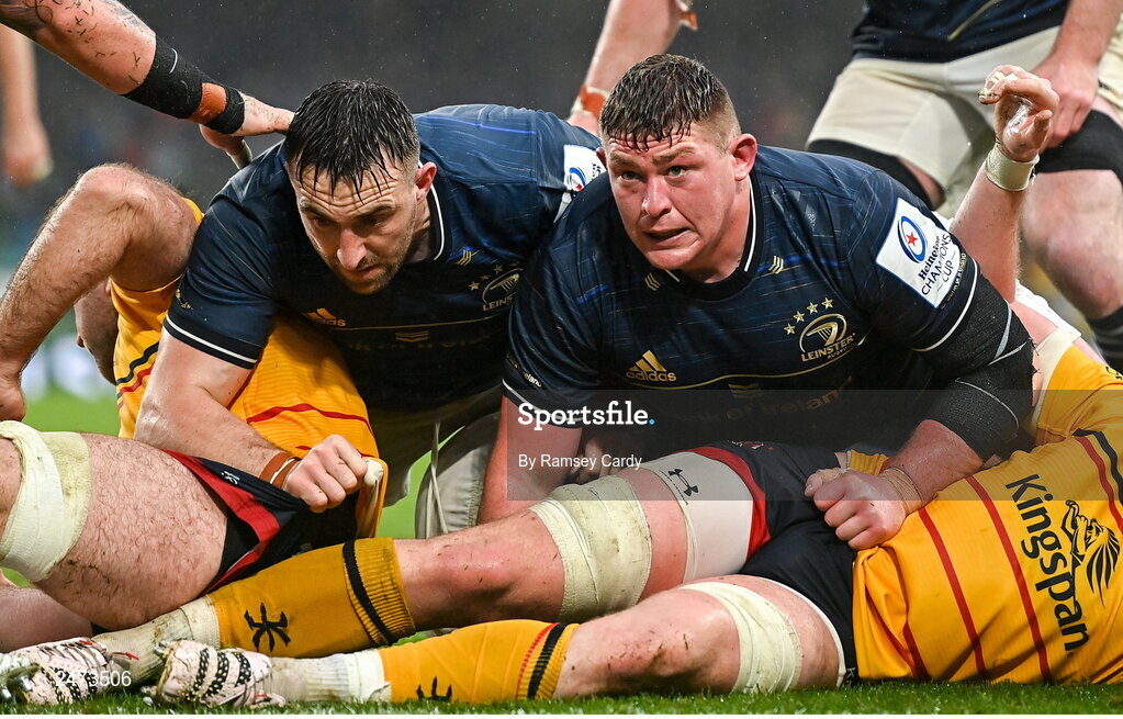 1 April 2023; Jack Conan, left, and Tadhg Furlong of Leinster during the Heineken Champions Cup Round of 16 match between Leinster and Ulster at Aviva Stadium in Dublin. Photo by Ramsey Cardy/Sportsfile