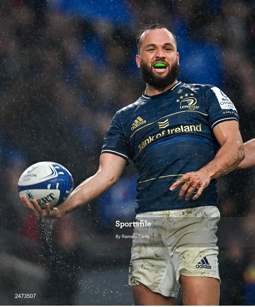 1 April 2023; Jamison Gibson-Park of Leinster celebrates after scoring his side's third try during the Heineken Champions Cup Round of 16 match between Leinster and Ulster at Aviva Stadium in Dublin. Photo by Ramsey Cardy/Sportsfile