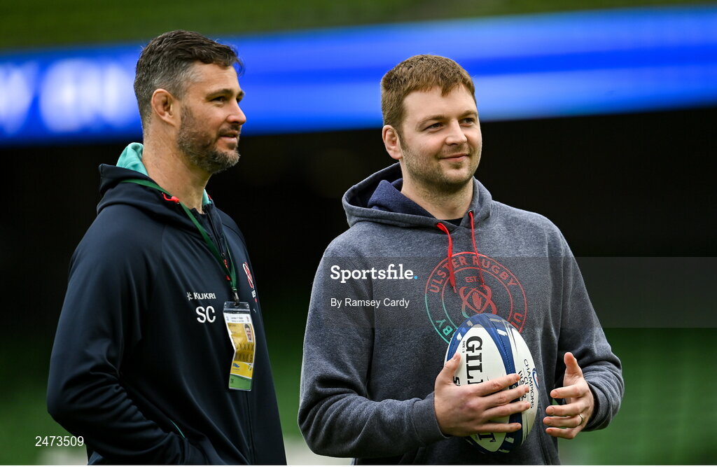 1 April 2023; Iain Henderson, right, and Sam Carter of Ulster before the Heineken Champions Cup Round of 16 match between Leinster and Ulster at Aviva Stadium in Dublin. Photo by Ramsey Cardy/Sportsfile