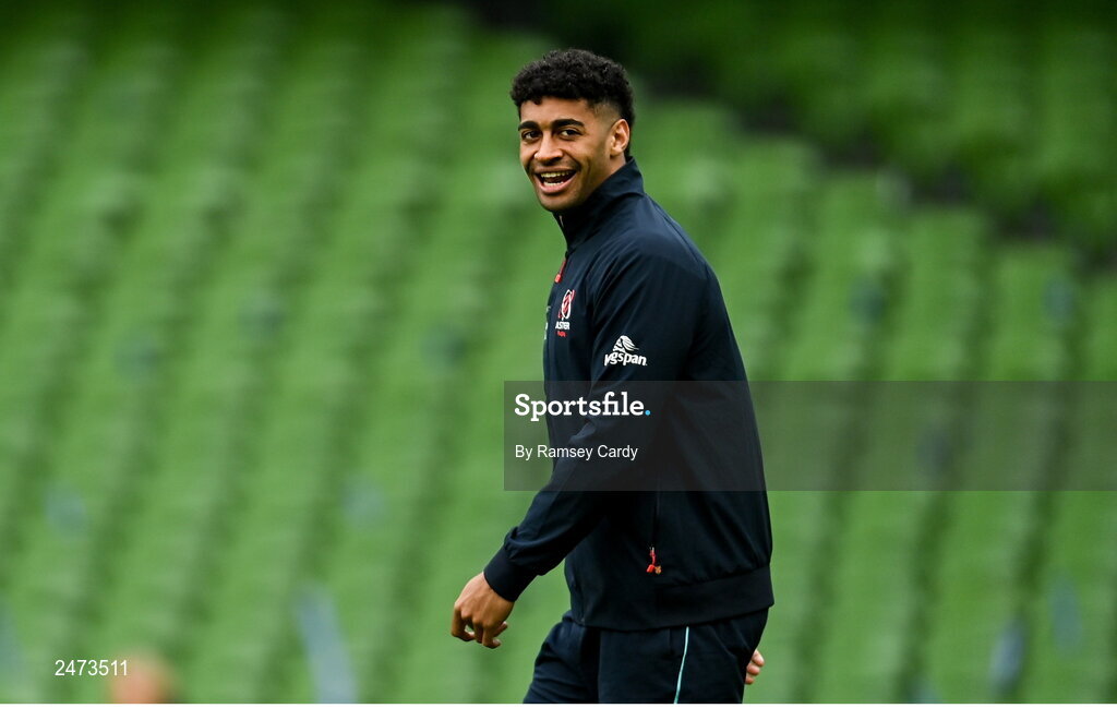 1 April 2023; Robert Baloucoune of Ulster before the Heineken Champions Cup Round of 16 match between Leinster and Ulster at Aviva Stadium in Dublin. Photo by Ramsey Cardy/Sportsfile