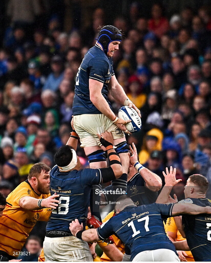 1 April 2023; Ryan Baird of Leinster during the Heineken Champions Cup Round of 16 match between Leinster and Ulster at Aviva Stadium in Dublin. Photo by Sam Barnes/Sportsfile