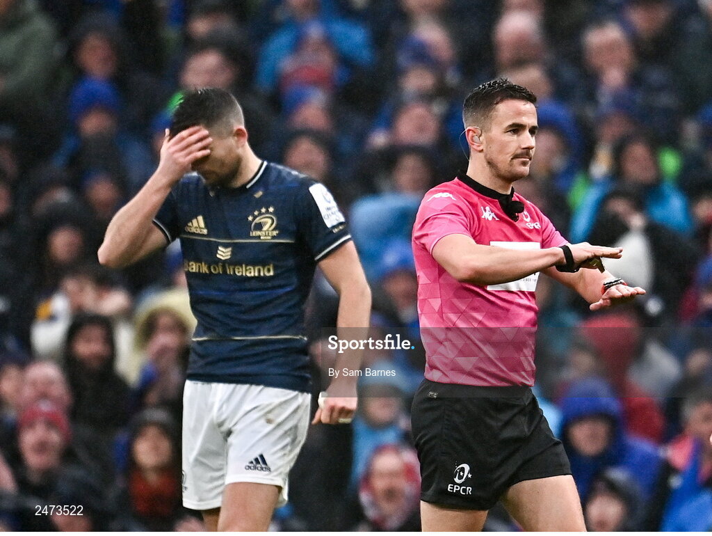 1 April 2023; Referee Luke Pearce signals no try as Ross Byrne of Leinster reacts during the Heineken Champions Cup Round of 16 match between Leinster and Ulster at Aviva Stadium in Dublin. Photo by Sam Barnes/Sportsfile