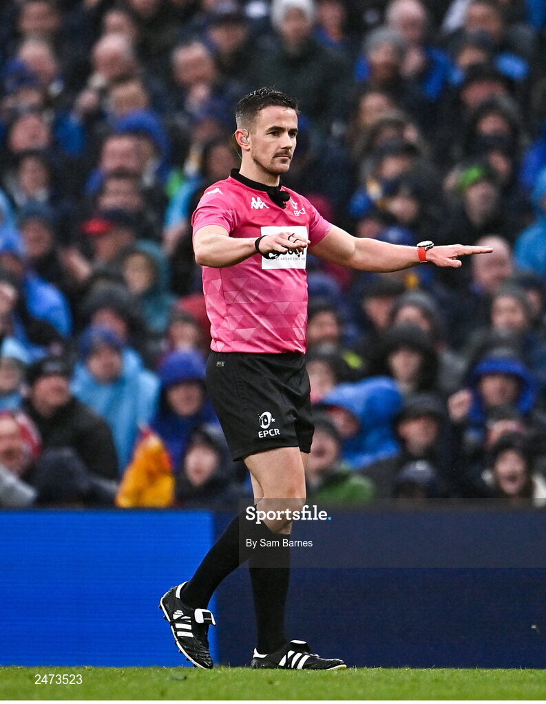 1 April 2023; Referee Luke Pearce during the Heineken Champions Cup Round of 16 match between Leinster and Ulster at Aviva Stadium in Dublin. Photo by Sam Barnes/Sportsfile