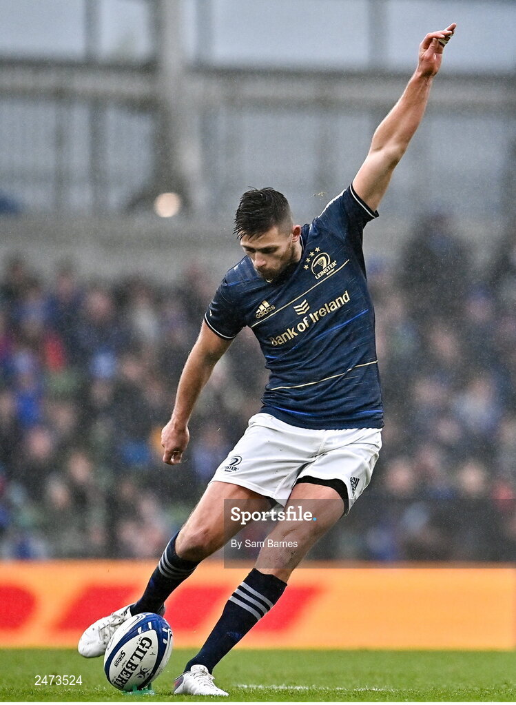 1 April 2023; Ross Byrne of Leinster during the Heineken Champions Cup Round of 16 match between Leinster and Ulster at Aviva Stadium in Dublin. Photo by Sam Barnes/Sportsfile