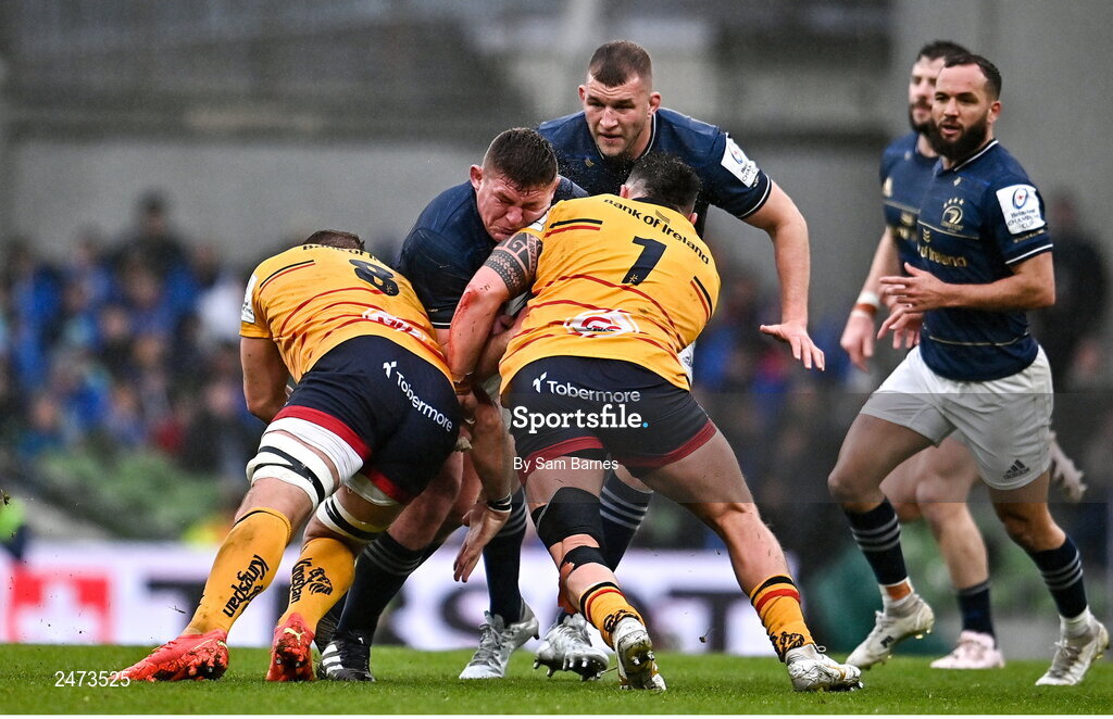 1 April 2023; Tadhg Furlong of Leinster in action against Duane Vermeulen, left, and Rory Sutherland of Ulster during the Heineken Champions Cup Round of 16 match between Leinster and Ulster at Aviva Stadium in Dublin. Photo by Sam Barnes/Sportsfile