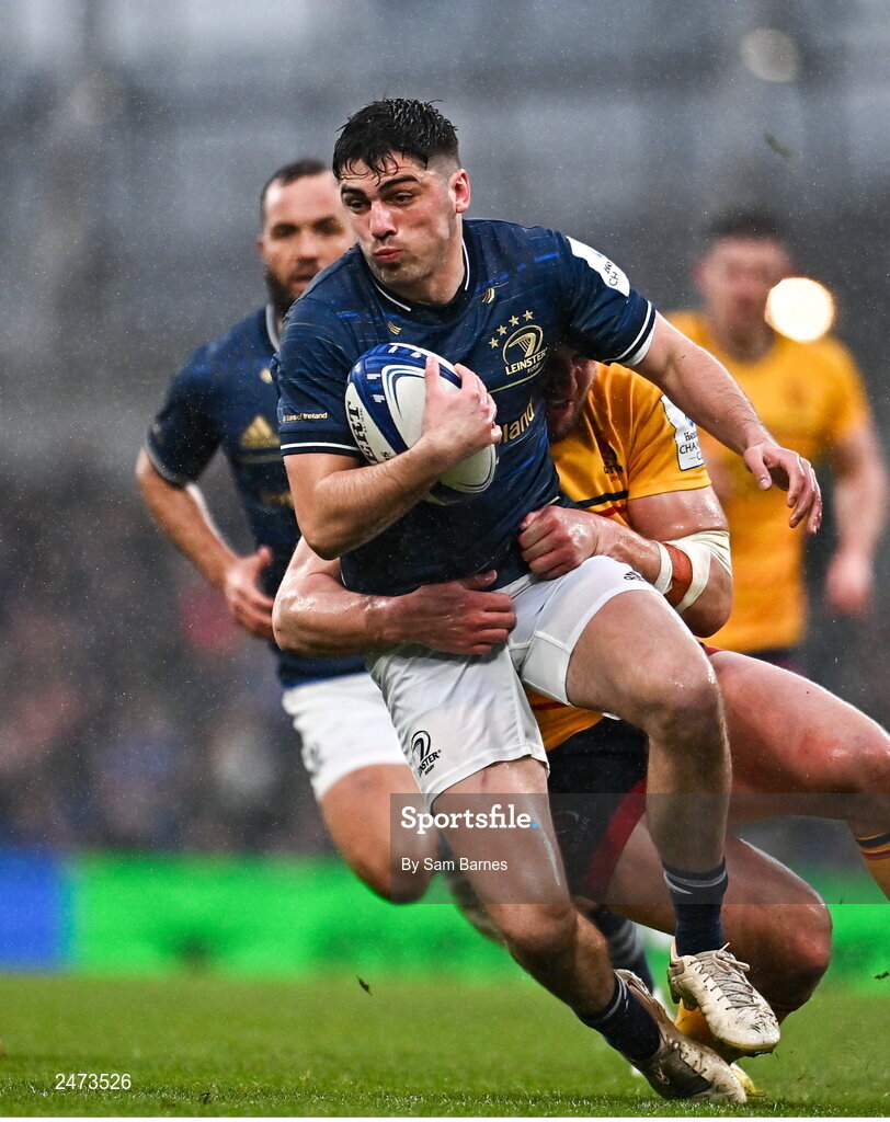 1 April 2023; Jimmy O'Brien of Leinster is tackled by Stuart McCloskey of Ulster during the Heineken Champions Cup Round of 16 match between Leinster and Ulster at Aviva Stadium in Dublin. Photo by Sam Barnes/Sportsfile