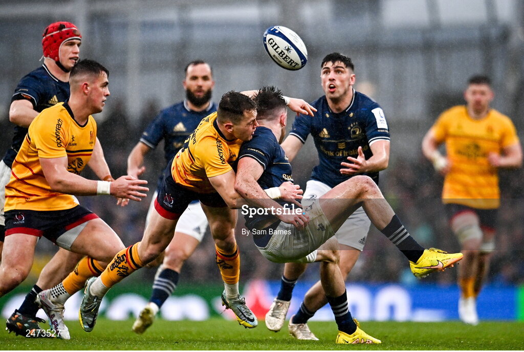 1 April 2023; Hugo Keenan of Leinster is tackled by Mike Lowry of Ulster during the Heineken Champions Cup Round of 16 match between Leinster and Ulster at Aviva Stadium in Dublin. Photo by Sam Barnes/Sportsfile