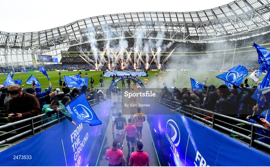 1 April 2023; Both teams make their way on to the pitch before the Heineken Champions Cup Round of 16 match between Leinster and Ulster at Aviva Stadium in Dublin. Photo by Sam Barnes/Sportsfile