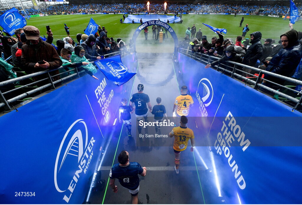 1 April 2023; James Ryan of Leinster and Alan O'Connor of Ulster lead out their teams before the Heineken Champions Cup Round of 16 match between Leinster and Ulster at Aviva Stadium in Dublin. Photo by Sam Barnes/Sportsfile