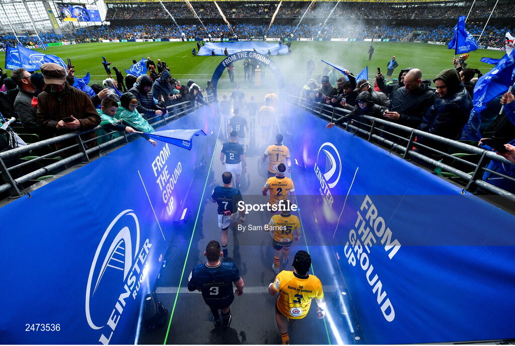 1 April 2023; Both teams make their way on to the pitch before the Heineken Champions Cup Round of 16 match between Leinster and Ulster at Aviva Stadium in Dublin. Photo by Sam Barnes/Sportsfile