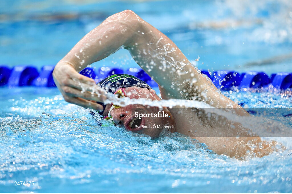 3 April 2023; Cian Foley of New Ross competing in the Men 13 & Over 800 LC metre freestyle heats during day three of the Swim Ireland Irish Open Swimming Championships at the National Aquatic Centre in Dublin. Photo by Piaras Ó Mídheach/Sportsfile