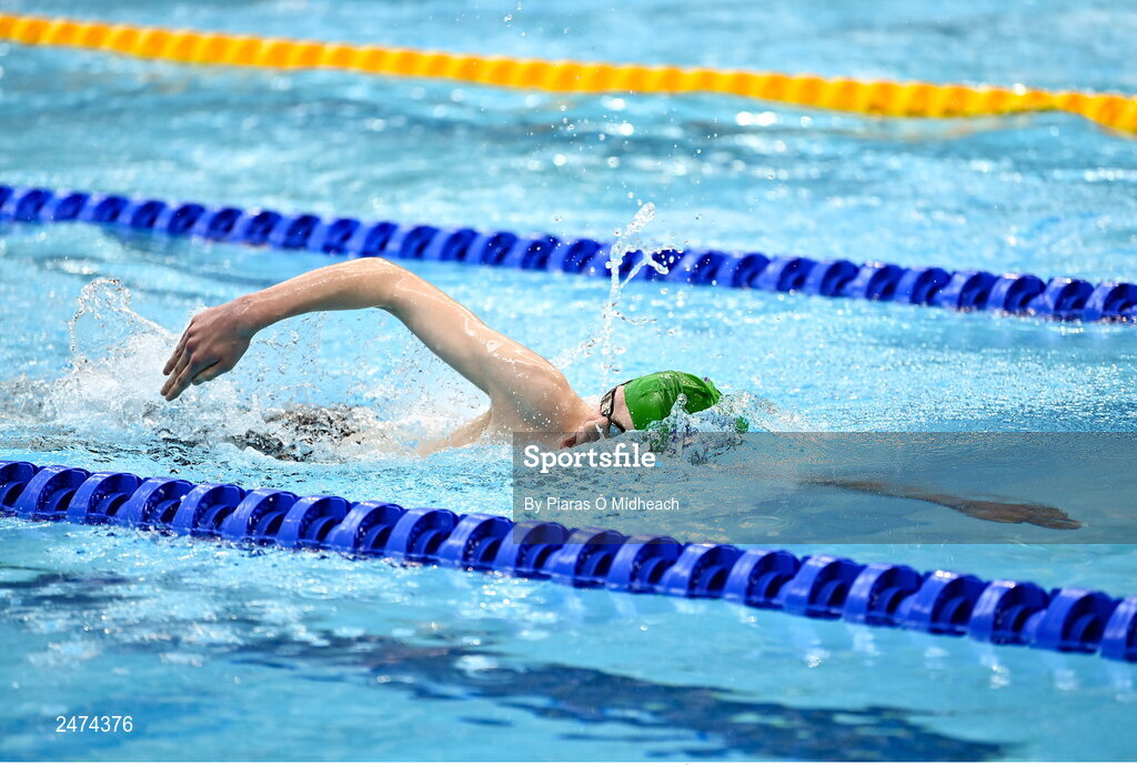 3 April 2023; Kjell Laudon of Trojan competing in the Men 13 & Over 800 LC metre freestyle heats during day three of the Swim Ireland Irish Open Swimming Championships at the National Aquatic Centre in Dublin. Photo by Piaras Ó Mídheach/Sportsfile