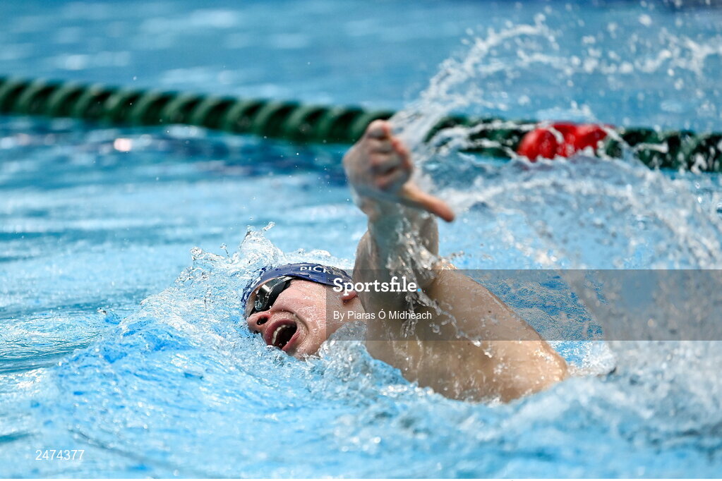 3 April 2023; Mathias Pickett of Ards competing in the Men 13 & Over 800 LC metre freestyle heats during day three of the Swim Ireland Irish Open Swimming Championships at the National Aquatic Centre in Dublin. Photo by Piaras Ó Mídheach/Sportsfile