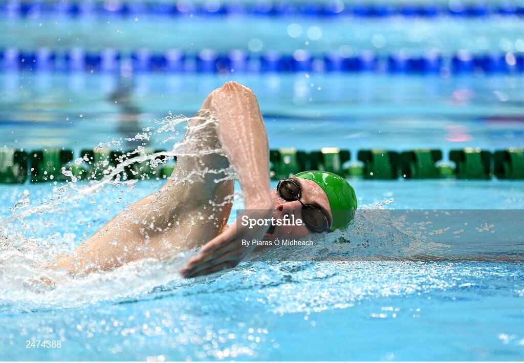3 April 2023; Mark Gil of Trojan competing in the Men 13 & Over 800 LC metre freestyle heats during day three of the Swim Ireland Irish Open Swimming Championships at the National Aquatic Centre in Dublin. Photo by Piaras Ó Mídheach/Sportsfile