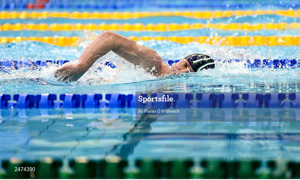 3 April 2023; Cian Foley of New Ross competing in the Men 13 & Over 800 LC metre freestyle heats during day three of the Swim Ireland Irish Open Swimming Championships at the National Aquatic Centre in Dublin. Photo by Piaras Ó Mídheach/Sportsfile
