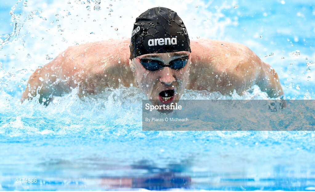 3 April 2023; Shane Ryan of NCD NAC competes in the Men 13 & Over 100 LC metre butterfly heats during day three of the Swim Ireland Irish Open Swimming Championships at the National Aquatic Centre in Dublin. Photo by Piaras Ó Mídheach/Sportsfile