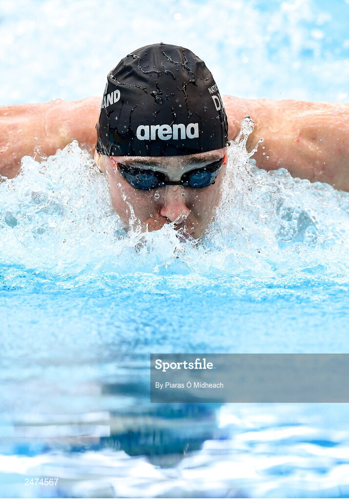 3 April 2023; Shane Ryan of NCD NAC competes in the Men 13 & Over 100 LC metre butterfly heats during day three of the Swim Ireland Irish Open Swimming Championships at the National Aquatic Centre in Dublin. Photo by Piaras Ó Mídheach/Sportsfile