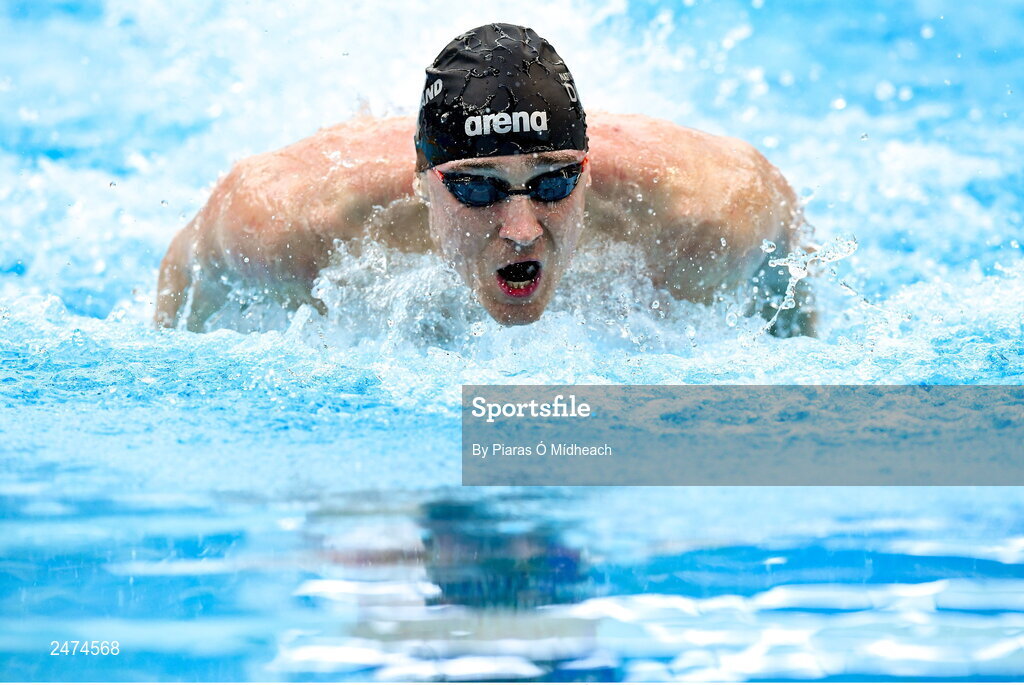 3 April 2023; Shane Ryan of NCD NAC competes in the Men 13 & Over 100 LC metre butterfly heats during day three of the Swim Ireland Irish Open Swimming Championships at the National Aquatic Centre in Dublin. Photo by Piaras Ó Mídheach/Sportsfile