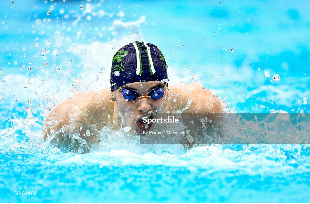 3 April 2023; Evan Bailey of New Ross competes in the Men 13 & Over 100 LC metre butterfly heats during day three of the Swim Ireland Irish Open Swimming Championships at the National Aquatic Centre in Dublin. Photo by Piaras Ó Mídheach/Sportsfile