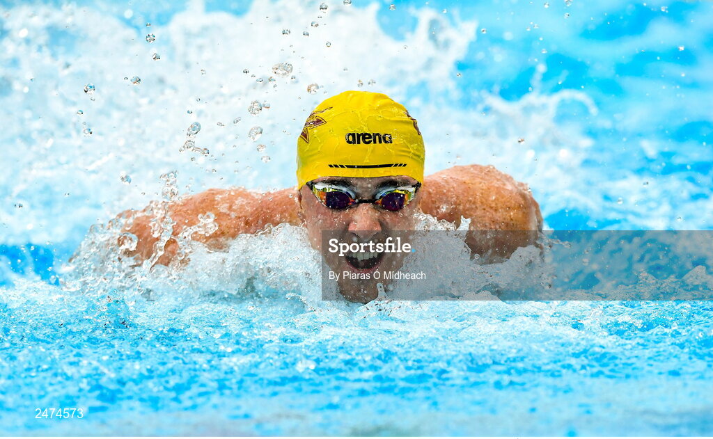 3 April 2023; Max McCusker of Dolphin competes in the Men 13 & Over 100 LC metre butterfly heats during day three of the Swim Ireland Irish Open Swimming Championships at the National Aquatic Centre in Dublin. Photo by Piaras Ó Mídheach/Sportsfile