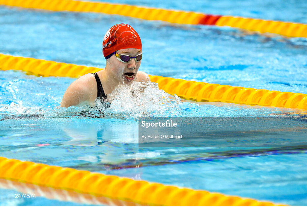 3 April 2023; Emily O'Dwyer of Glenalbyn competes in the Women 13 & Over 50 LC metre breaststroke heats during day three of the Swim Ireland Irish Open Swimming Championships at the National Aquatic Centre in Dublin. Photo by Piaras Ó Mídheach/Sportsfile