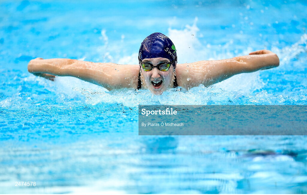 3 April 2023; Sofia Delgado of Alliance competes in the Women 13 & Over 50 LC metre butterfly heats during day three of the Swim Ireland Irish Open Swimming Championships at the National Aquatic Centre in Dublin. Photo by Piaras Ó Mídheach/Sportsfile