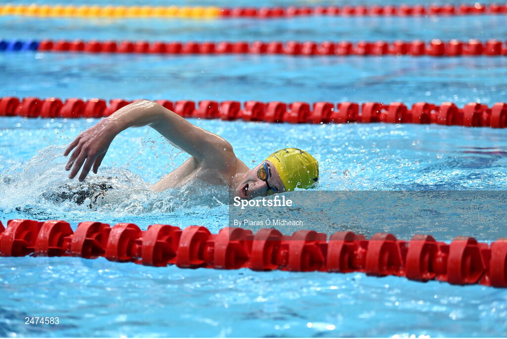 3 April 2023; Jamie Murphy of Dolphin competing in the Men 13 & Over 800 LC metre freestyle heats during day three of the Swim Ireland Irish Open Swimming Championships at the National Aquatic Centre in Dublin. Photo by Piaras Ó Mídheach/Sportsfile Photo by Piaras Ó Mídheach/Sportsfile