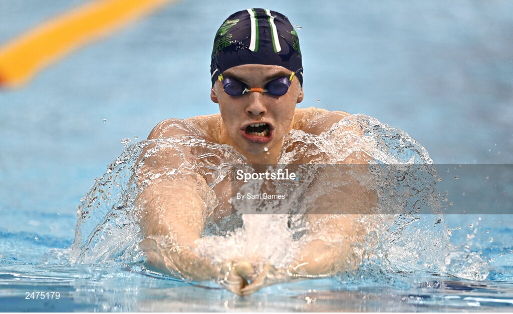 5 March 2023; Evan Bailey of New Ross, Wexford, competes in the Men's 13 and over 200m individual medley during day five of the Swim Ireland Irish Open Swimming Championships at the National Aquatic Centre in Dublin. Photo by Sam Barnes/Sportsfile
