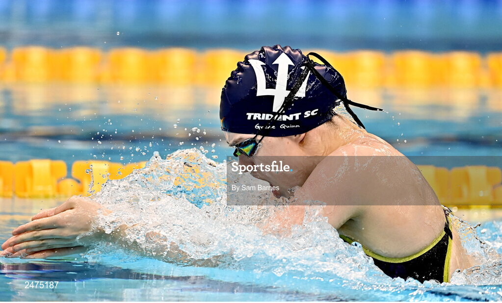 5 March 2023; Grace Quinn of Trident, Leitrim,  competes in the women's 13 and over 200m breaststroke during day five of the Swim Ireland Irish Open Swimming Championships at the National Aquatic Centre in Dublin. Photo by Sam Barnes/Sportsfile