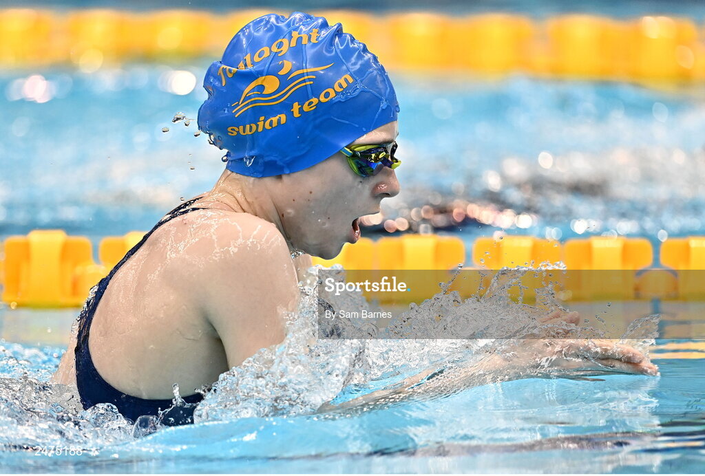 5 March 2023; Erin Fogarty of Tallaght, Dublin, competes in the women's 13 and over 200m breaststroke during day five of the Swim Ireland Irish Open Swimming Championships at the National Aquatic Centre in Dublin. Photo by Sam Barnes/Sportsfile