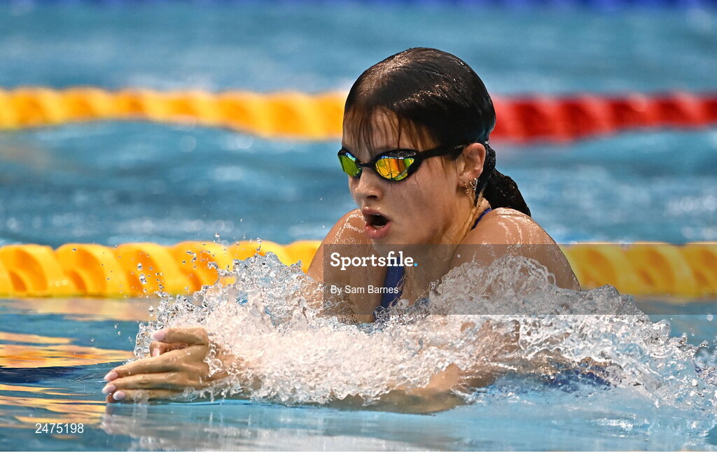 5 March 2023; Molly Mayne of Templeogue, Dublin, competes in the women's 13 and over 200m breaststroke heats after losing her swimming hat during day five of the Swim Ireland Irish Open Swimming Championships at the National Aquatic Centre in Dublin. Photo by Sam Barnes/Sportsfile