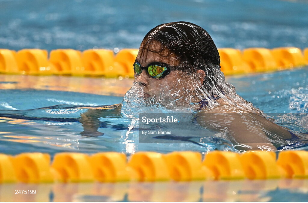 5 March 2023; Molly Mayne of Templeogue, Dublin, competes in the women's 13 and over 200m breaststroke heats after losing her swimming hat during day five of the Swim Ireland Irish Open Swimming Championships at the National Aquatic Centre in Dublin. Photo by Sam Barnes/Sportsfile