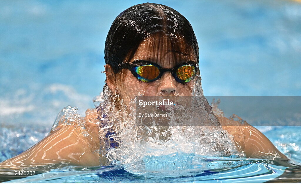 5 March 2023; Molly Mayne of Templeogue, Dublin, competes in the women's 13 and over 200m breaststroke heats after losing her swimming hat during day five of the Swim Ireland Irish Open Swimming Championships at the National Aquatic Centre in Dublin. Photo by Sam Barnes/Sportsfile