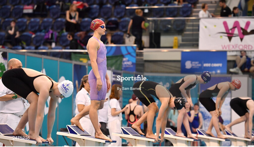 5 March 2023; Mona McSharry of Marlins, Donegal, on the starting blocks before competing in the women's 13 and over 200m breaststroke heats during day five of the Swim Ireland Irish Open Swimming Championships at the National Aquatic Centre in Dublin. Photo by Sam Barnes/Sportsfile