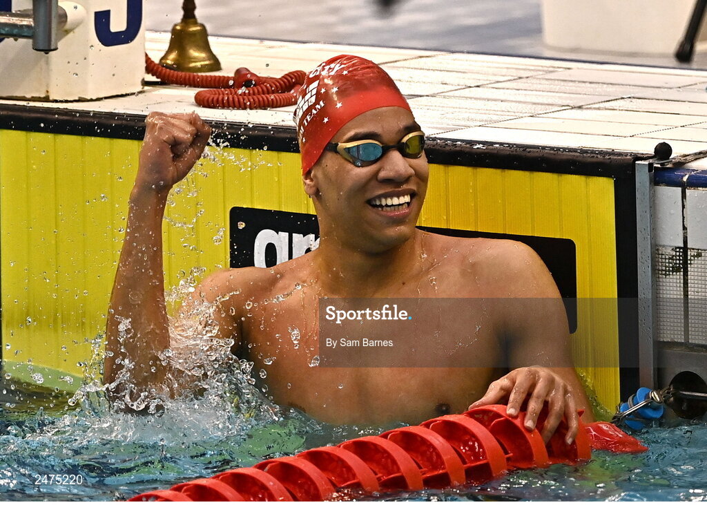 5 March 2023; Dylan Registe of Lisburn City, celebrates after competing in the men's 13 and over 50m freestyle heats during day five of the Swim Ireland Irish Open Swimming Championships at the National Aquatic Centre in Dublin. Photo by Sam Barnes/Sportsfile