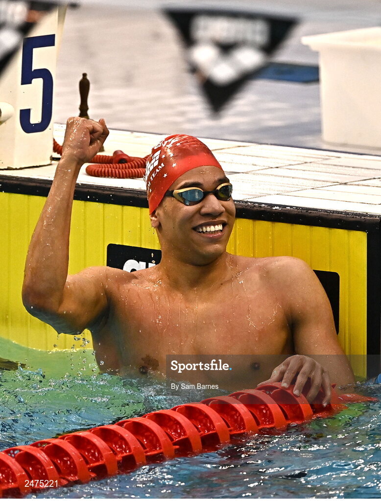 5 March 2023; Dylan Registe of Lisburn City, celebrates after competing in the men's 13 and over 50m freestyle heats during day five of the Swim Ireland Irish Open Swimming Championships at the National Aquatic Centre in Dublin. Photo by Sam Barnes/Sportsfile