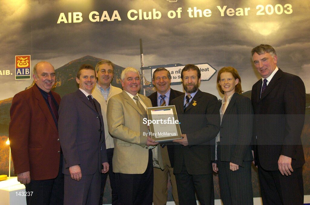 2 February 2004; At the AIB GAA Club of the Year Awards 2003 in Croke Park are members of Clonguish, Co. Longford, from left, Gerry Minnock, Fergus Darcy, Pat O'Brien, Thomas Casey, Liam Mulvihill, Ard Stiurthoir, GAA, Sean Kelly, President of the GAA, Mary Burke and Declan Quinn, AIB Bank. Croke Park, Dublin. Picture credit; Ray McManus / SPORTSFILE