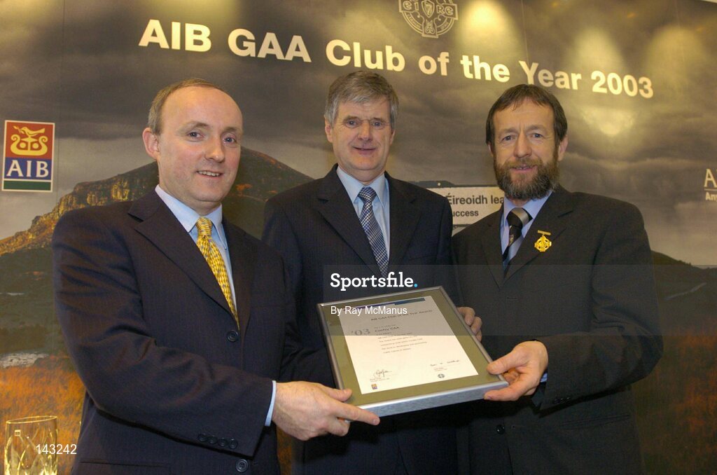 2 February 2004; At the AIB GAA Club of the Year Awards 2003 in Croke Park are, from left, Donal Forde, Managing Director, AIB, Paddy Keegan, Chairman, Confey GAA, who won the Kildare Club of the Year Award and Sean Kelly, President of the GAA. Croke Park, Dublin. Picture credit; Ray McManus / SPORTSFILE