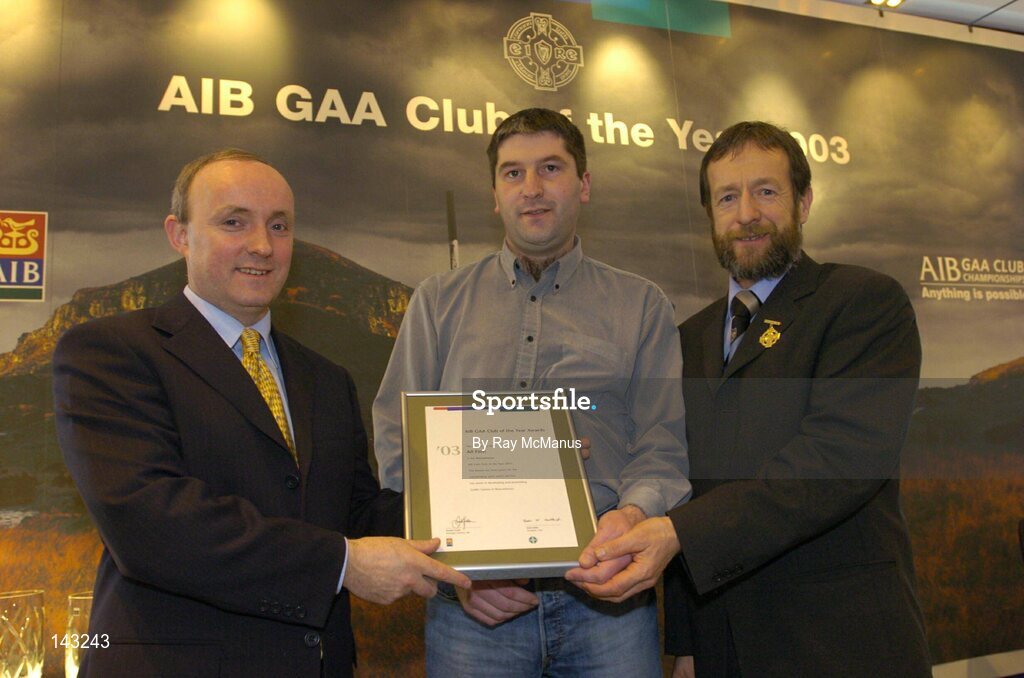 2 February 2004; At the AIB GAA Club of the Year Awards 2003 in Croke Park are, from left, Donal Forde, Managing Director, AIB, Peter Scott, Chairman, Ail Finn, who won the Roscommon Club of the Year Award and Sean Kelly, President of the GAA. Croke Park, Dublin. Picture credit; Ray McManus / SPORTSFILE