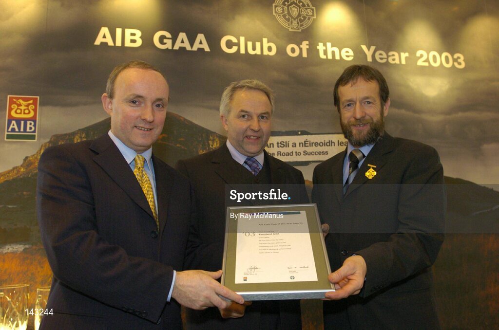2 February 2004; At the AIB GAA Club of the Year Awards 2003 in Croke Park are, from left, Donal Forde, Managing Director, AIB, Ned Dean, Chairman, Tinryland GAA, who won the Carlow Club of the Year Award and Sean Kelly, President of the GAA. Croke Park, Dublin. Picture credit; Ray McManus / SPORTSFILE